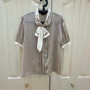 Vintage Embroidered Bow Tie Blouse - Cream and Brown